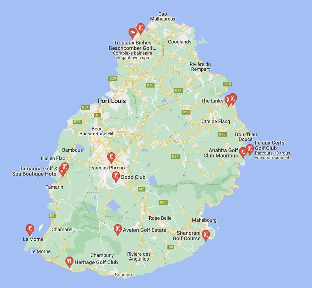 Carte des golfs à l'île Maurice